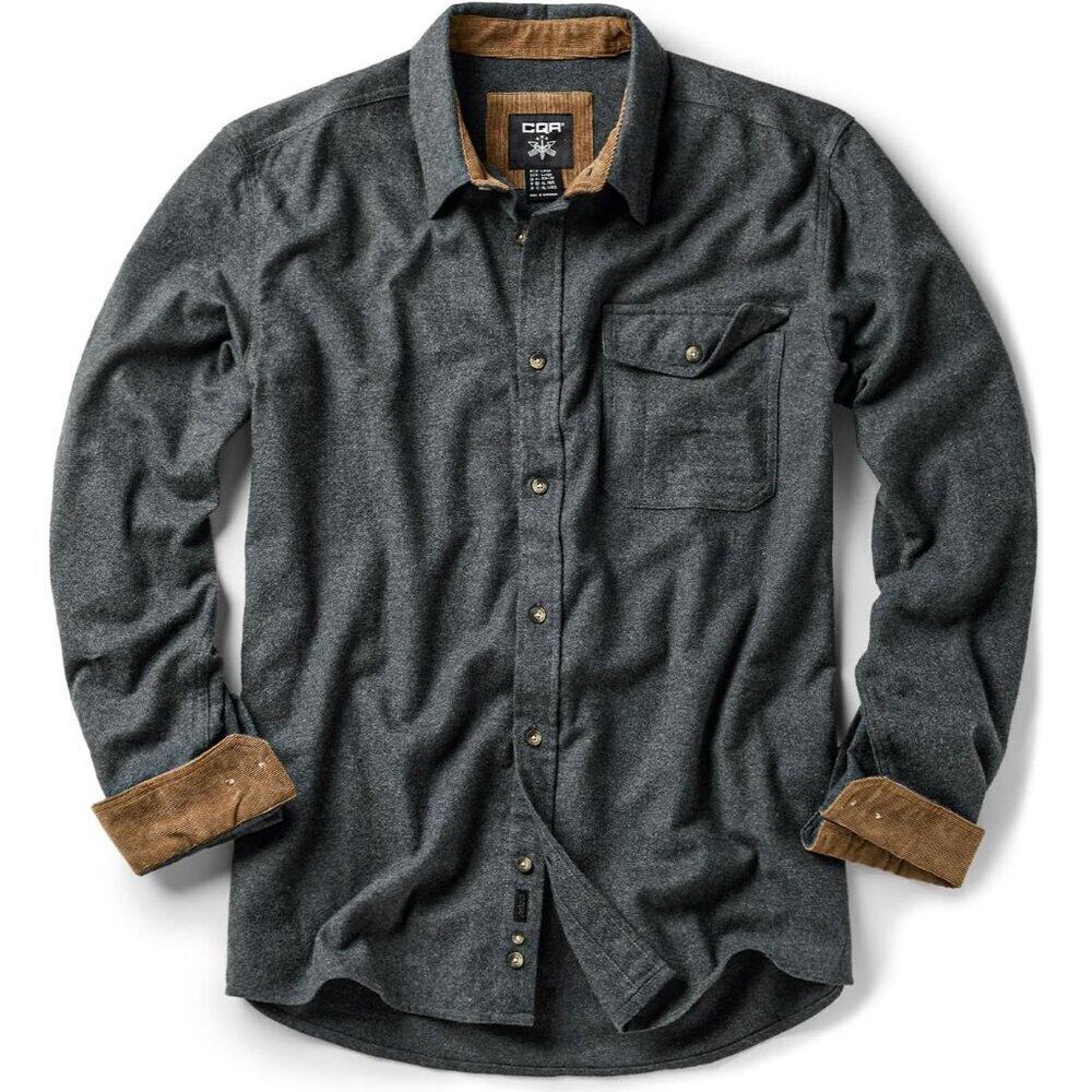 Mens Grey Cotton Flannel Shirt Long Sleeve Brushed Soft Casual Outdoor Plaid
